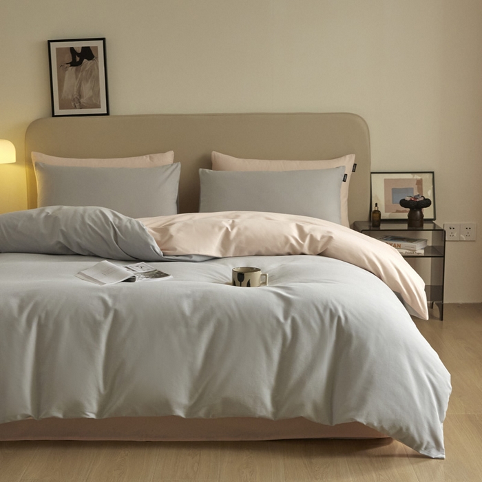 91家纺网 家纺一手货源 找家纺 涵宸家纺 2024新款全棉磨毛四件套纯厚系列（轻）-四件套 纯厚（兰灰+粉）