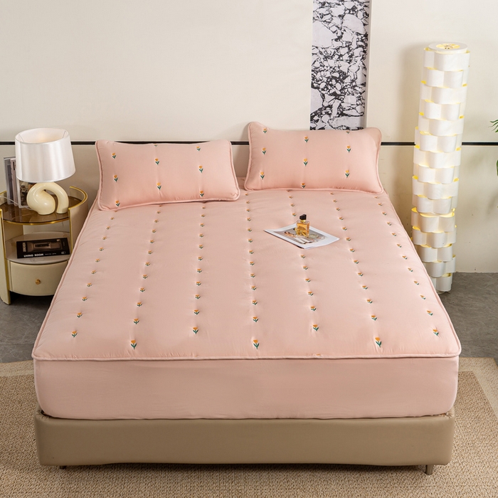 91家纺网 家纺一手货源 找家纺 米柳家纺 2024新款水洗棉大豆夹棉床笠 郁金香-粉玉