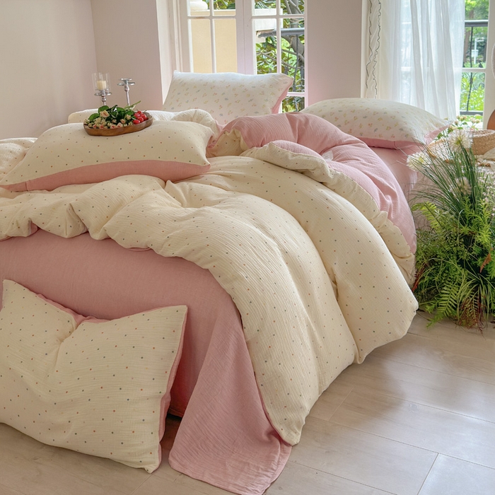 91家纺网 家纺一手货源 找家纺 木楌  2025新款全棉A类皱皱纱印花四件套 奶油波点