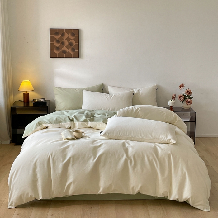 91家纺网 家纺一手货源 找家纺 涵宸家纺 2024新款全棉磨毛四件套纯厚系列（简）-四件套 纯厚（奶白+绿）