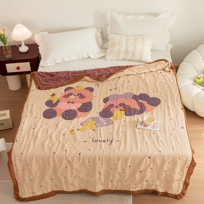 91家纺网 家纺一手货源 找家纺 乐家毛巾被 2024新款十层纱布泡芙被 两只熊猫粉