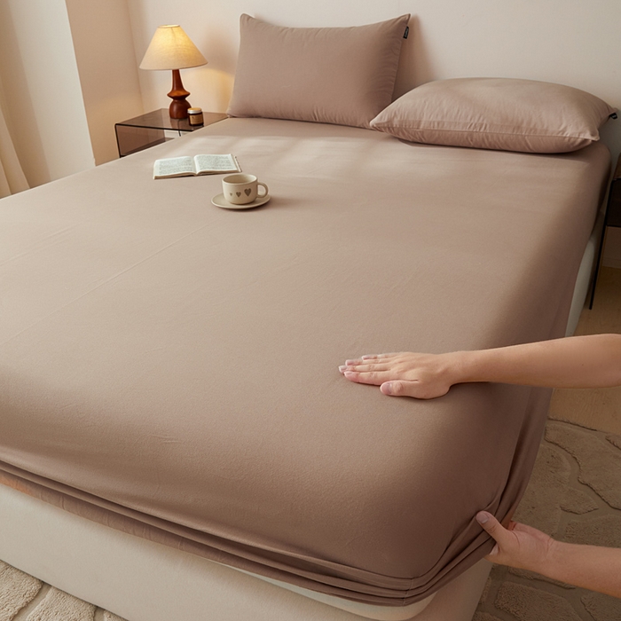 91家纺网 家纺一手货源 找家纺 涵宸家纺 2024新款全棉磨毛四件套纯厚系列-单床笠 a复古棕