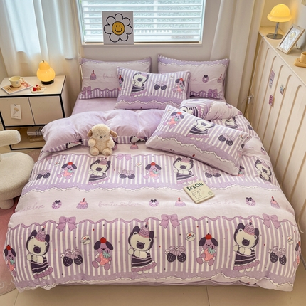91家纺网 家纺一手货源 找家纺 （总）捌月 2024新款童话镇系列高克重印花牛奶绒四件套卡通小清新加厚保暖绒套件