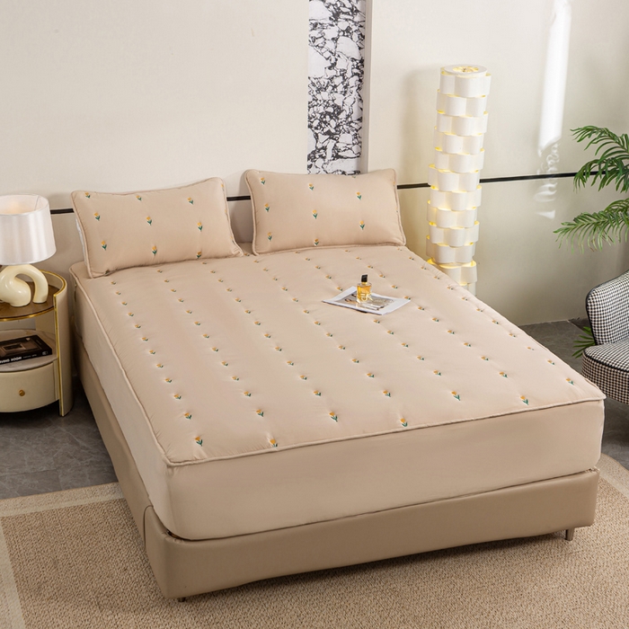 91家纺网 家纺一手货源 找家纺 米柳家纺 2024新款水洗棉大豆夹棉床笠 郁金香-浅咖