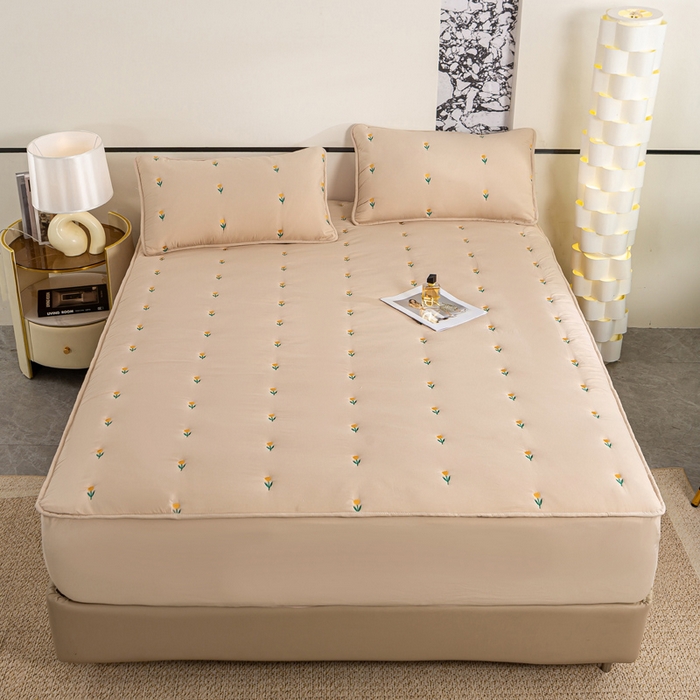 91家纺网 家纺一手货源 找家纺 米柳家纺 2024新款水洗棉大豆夹棉床笠 郁金香-浅咖