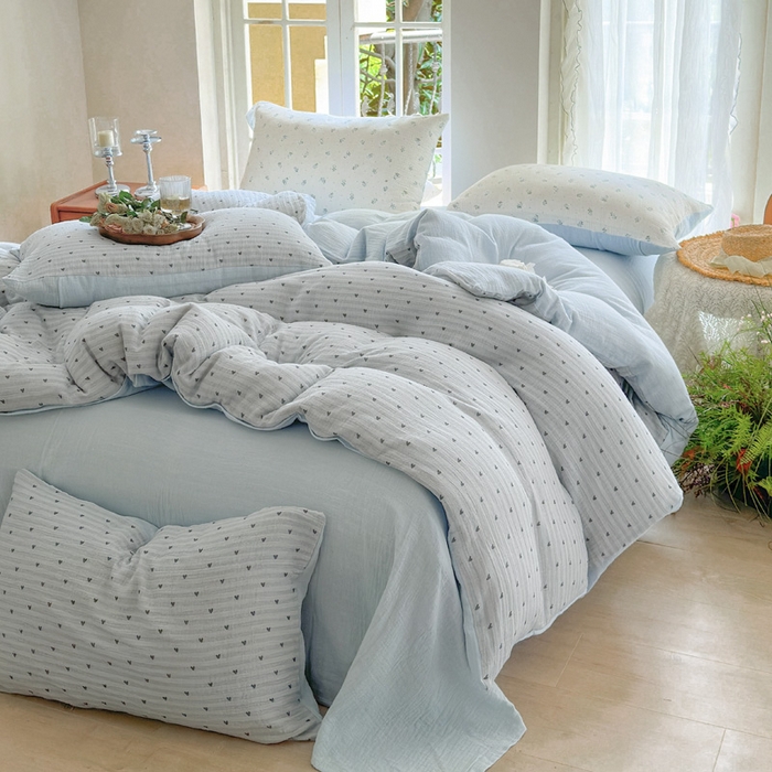 91家纺网 家纺一手货源 找家纺 木楌  2025新款全棉A类皱皱纱印花四件套 可心兰