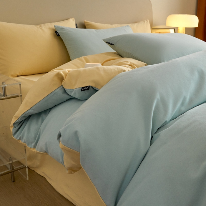 91家纺网 家纺一手货源 找家纺 涵宸家纺 2024新款全棉磨毛四件套纯厚系列（轻）-单被套 纯厚（爱琴海+黄）