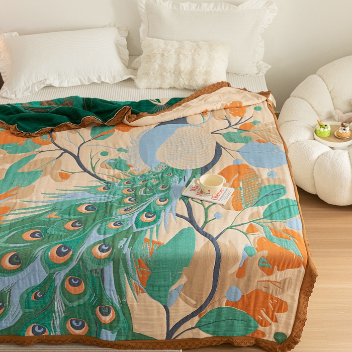 91家纺网 家纺一手货源 找家纺 乐家毛巾被 2024新款十层纱布泡芙被 花枝孔雀