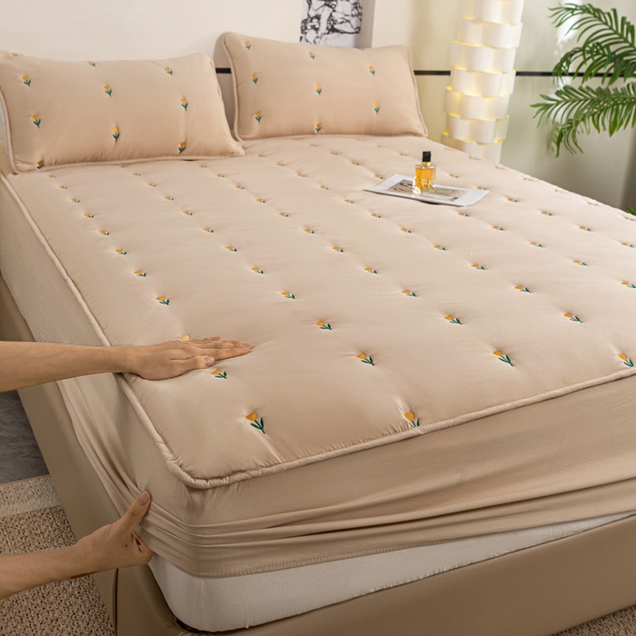 91家纺网 家纺一手货源 找家纺 米柳家纺 2024新款水洗棉大豆夹棉床笠 郁金香-浅咖