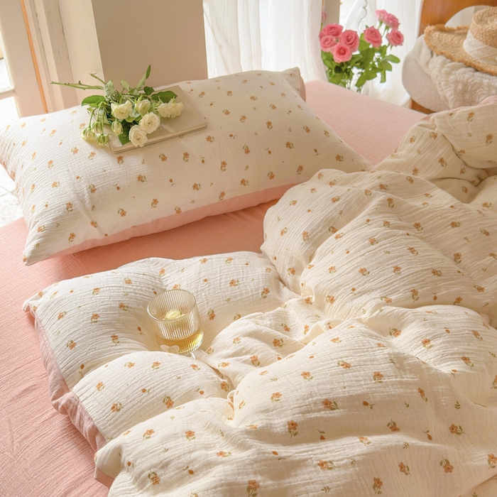 91家纺网 家纺一手货源 找家纺 木楌  2025新款全棉A类皱皱纱印花四件套 春泥