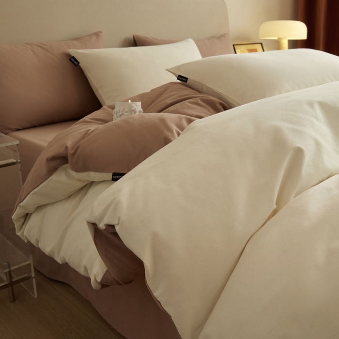 91家纺网 家纺一手货源 找家纺 涵宸家纺 2024新款全棉磨毛四件套纯厚系列（轻）-单被套 纯厚（奶白+棕）