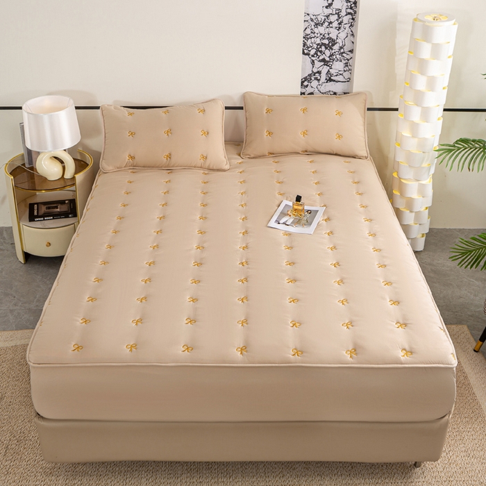 91家纺网 家纺一手货源 找家纺 米柳家纺 2024新款水洗棉大豆夹棉床笠 蝴蝶结-浅咖