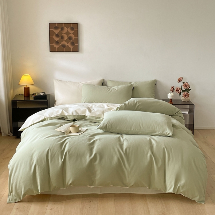 91家纺网 家纺一手货源 找家纺 涵宸家纺 2024新款全棉磨毛四件套纯厚系列（简）-四件套 纯厚（古今绿+奶白）