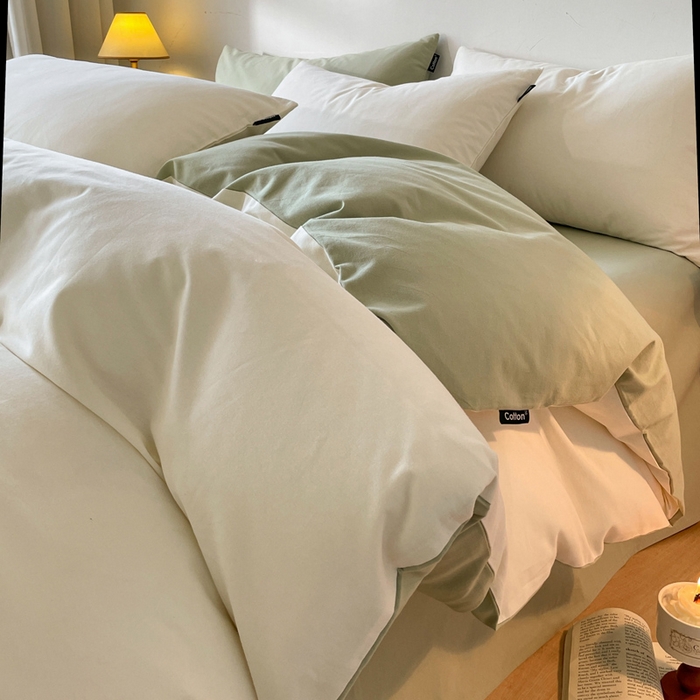 91家纺网 家纺一手货源 找家纺 涵宸家纺 2024新款全棉磨毛四件套纯厚系列（简）-四件套 纯厚（奶白+绿）