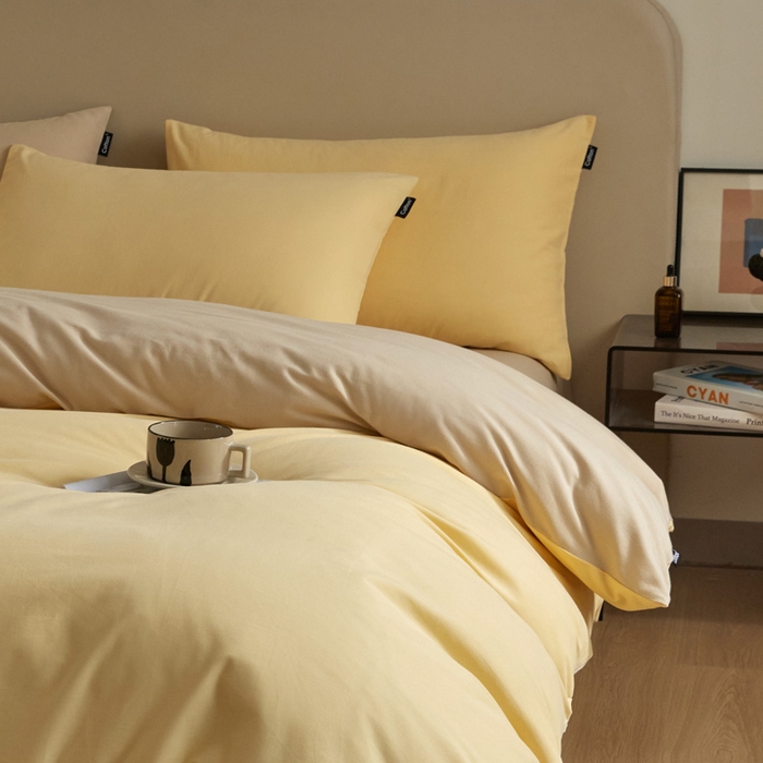 91家纺网 家纺一手货源 找家纺 涵宸家纺 2024新款全棉磨毛四件套纯厚系列（轻）-四件套 纯厚（嫩黄+茶色）