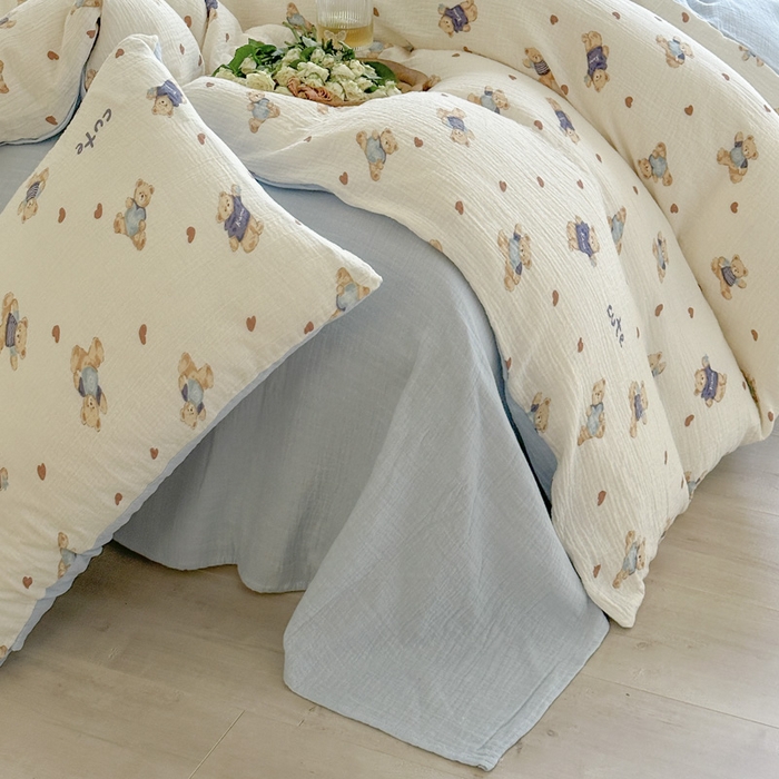 91家纺网 家纺一手货源 找家纺 木楌  2025新款全棉A类皱皱纱印花四件套 彼得熊