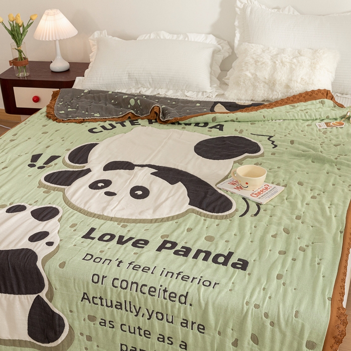 91家纺网 家纺一手货源 找家纺 乐家毛巾被 2024新款十层纱布泡芙被 绿地熊猫