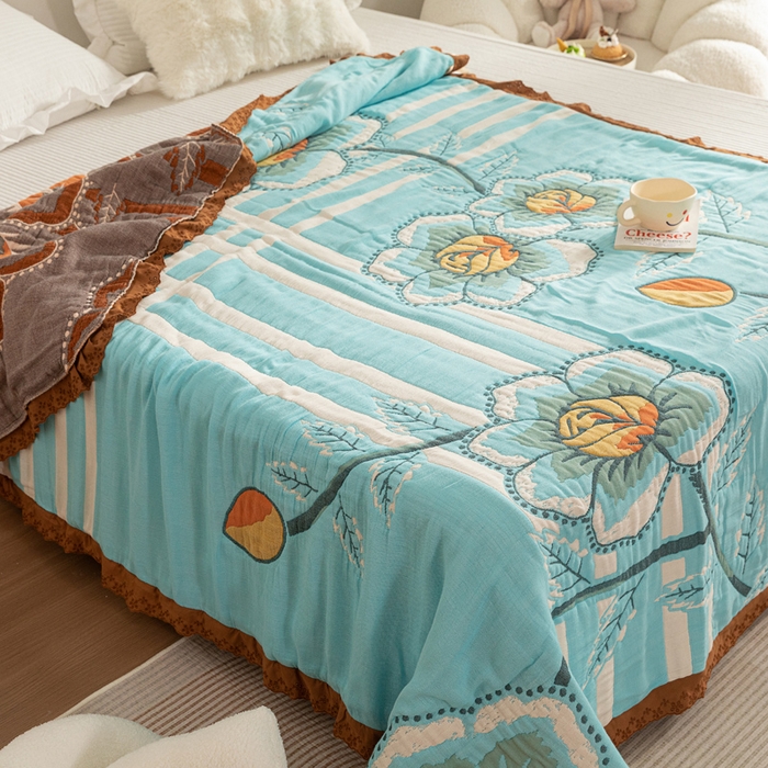 91家纺网 家纺一手货源 找家纺 乐家毛巾被 2024新款十层纱布泡芙被 蓝底芙蓉