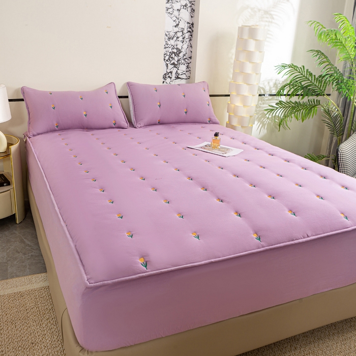 91家纺网 家纺一手货源 找家纺 米柳家纺 2024新款水洗棉大豆夹棉床笠 郁金香-黛紫