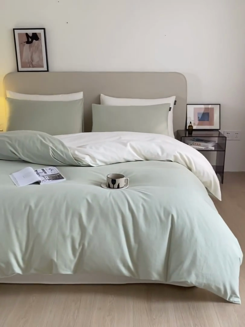 91家纺网 家纺一手货源 找家纺 涵宸家纺 2024新款全棉磨毛四件套纯厚系列（轻）-四件套 纯厚（古今绿+奶白）