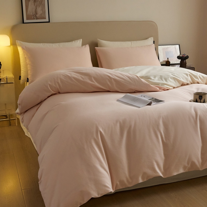 91家纺网 家纺一手货源 找家纺 涵宸家纺 2024新款全棉磨毛四件套纯厚系列（轻）-四件套 纯厚（樱花粉+奶白）