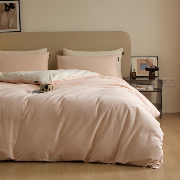 91家纺网 家纺一手货源 找家纺 涵宸家纺 2024新款全棉磨毛四件套纯厚系列（轻）-单被套 纯厚（樱花粉+奶白）