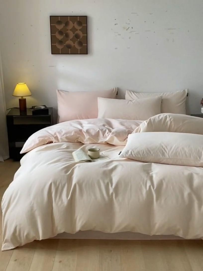 91家纺网 家纺一手货源 找家纺 涵宸家纺 2024新款全棉磨毛四件套纯厚系列（简）-四件套 纯厚（白桃+粉）