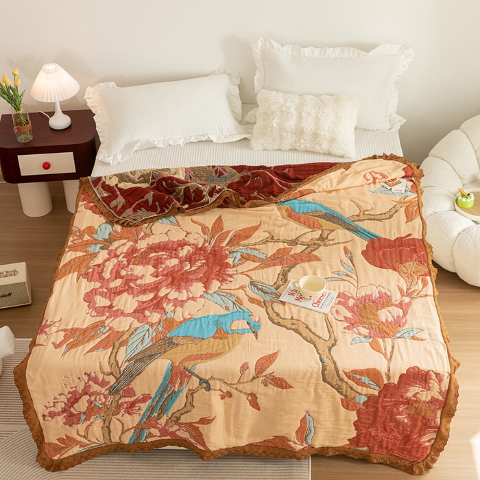 91家纺网 家纺一手货源 找家纺 乐家毛巾被 2024新款十层纱布泡芙被 牡丹杜鹃