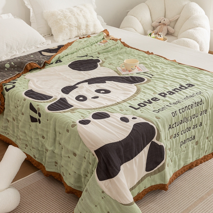 91家纺网 家纺一手货源 找家纺 乐家毛巾被 2024新款十层纱布泡芙被 绿地熊猫