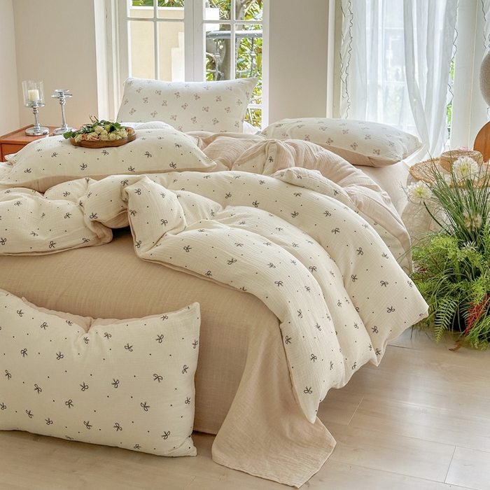 91家纺网 家纺一手货源 找家纺 木楌  2025新款全棉A类皱皱纱印花四件套 宁静