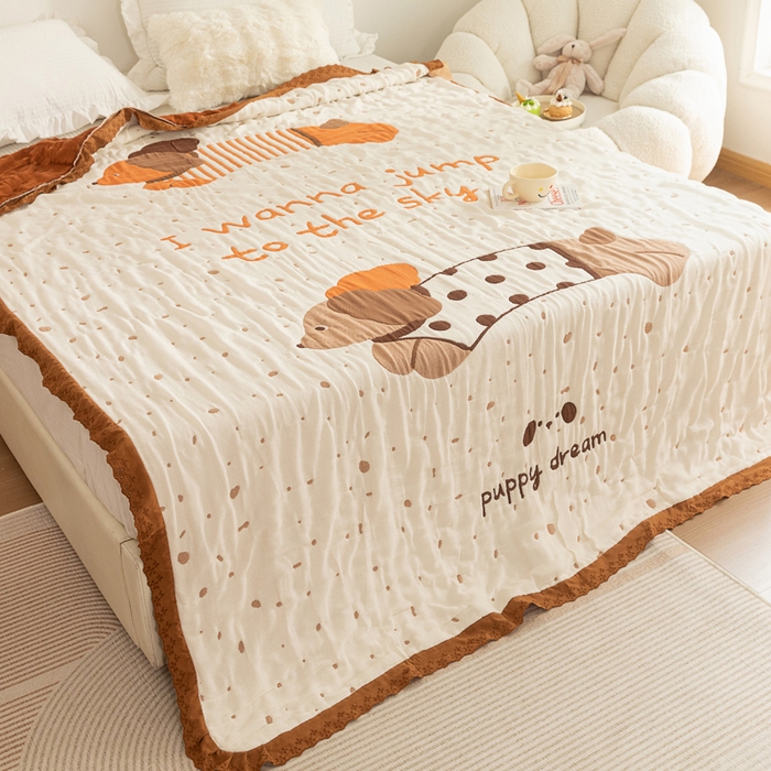 91家纺网 家纺一手货源 找家纺 乐家毛巾被 2024新款十层纱布泡芙被 斑点狗