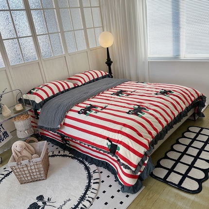 佰织鑫家居 2024新款秋冬全棉法式床盖款豆豆被四件套 时尚黑猫