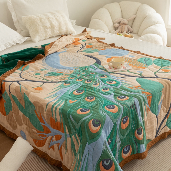 91家纺网 家纺一手货源 找家纺 乐家毛巾被 2024新款十层纱布泡芙被 花枝孔雀