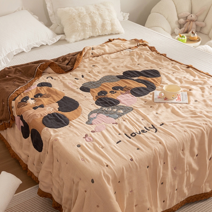 91家纺网 家纺一手货源 找家纺 乐家毛巾被 2024新款十层纱布泡芙被 两只熊猫