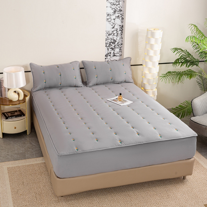 91家纺网 家纺一手货源 找家纺 米柳家纺 2024新款水洗棉大豆夹棉床笠 郁金香-雅灰