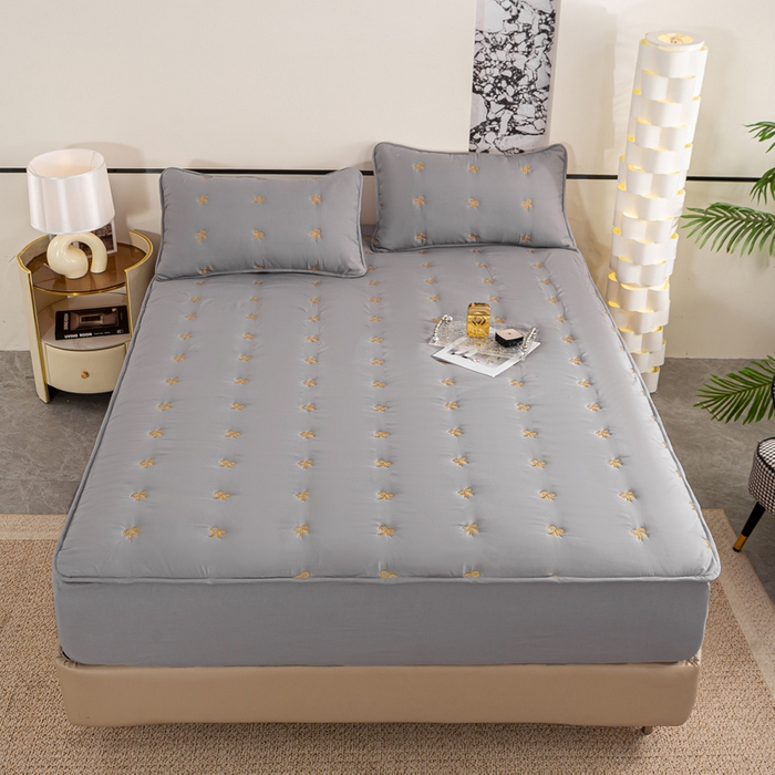 91家纺网 家纺一手货源 找家纺 米柳家纺 2024新款水洗棉大豆夹棉床笠 蝴蝶结-雅灰