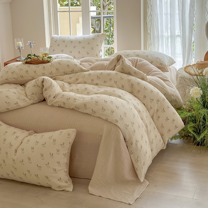 91家纺网 家纺一手货源 找家纺 木楌  2025新款全棉A类皱皱纱印花四件套美芽