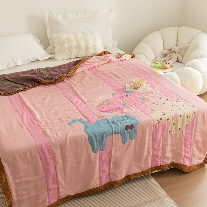 91家纺网 家纺一手货源 找家纺 乐家毛巾被 2024新款十层纱布泡芙被 彩虹小猫