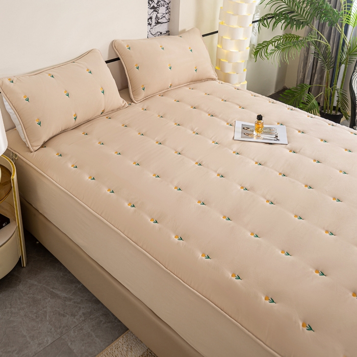 91家纺网 家纺一手货源 找家纺 米柳家纺 2024新款水洗棉大豆夹棉床笠 郁金香-浅咖