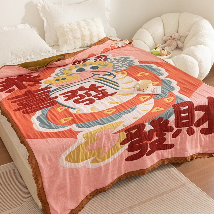 91家纺网 家纺一手货源 找家纺 乐家毛巾被 2024新款十层纱布泡芙被 恭喜发财