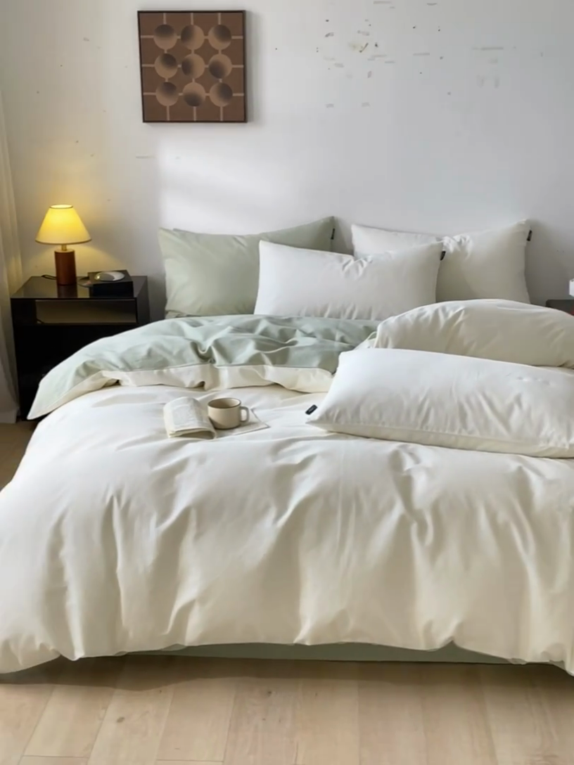 91家纺网 家纺一手货源 找家纺 涵宸家纺 2024新款全棉磨毛四件套纯厚系列（简）-四件套 纯厚（奶白+绿）