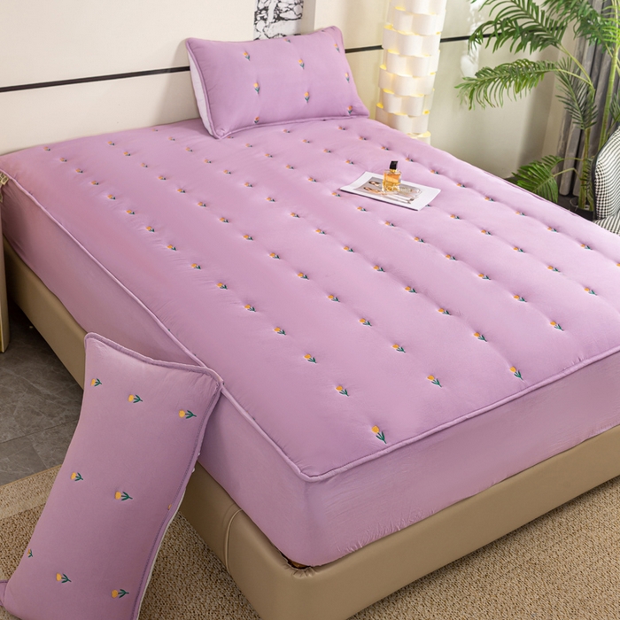 91家纺网 家纺一手货源 找家纺 米柳家纺 2024新款水洗棉大豆夹棉床笠 郁金香-黛紫