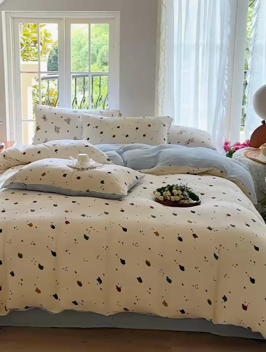 91家纺网 家纺一手货源 找家纺 木楌  2025新款全棉A类皱皱纱印花四件套 哈尼