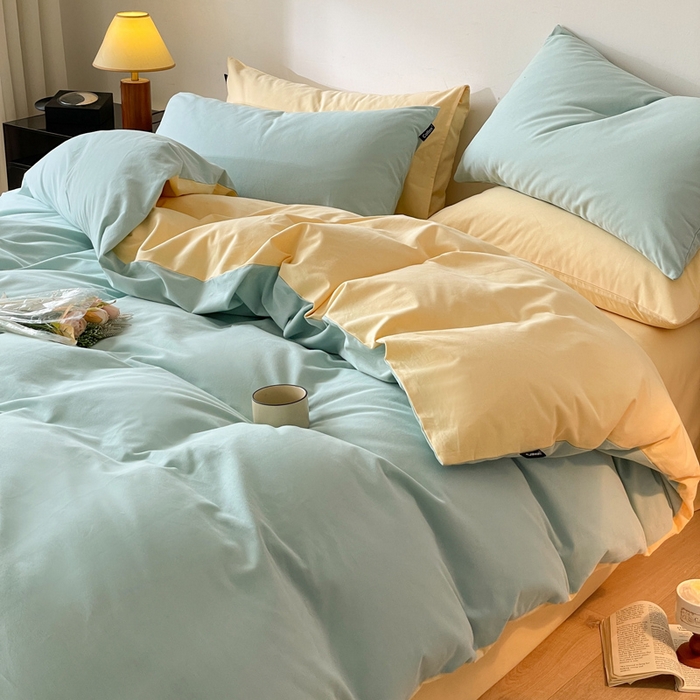 91家纺网 家纺一手货源 找家纺 涵宸家纺 2024新款全棉磨毛四件套纯厚系列（简）-四件套 纯厚（爱琴海+黄）