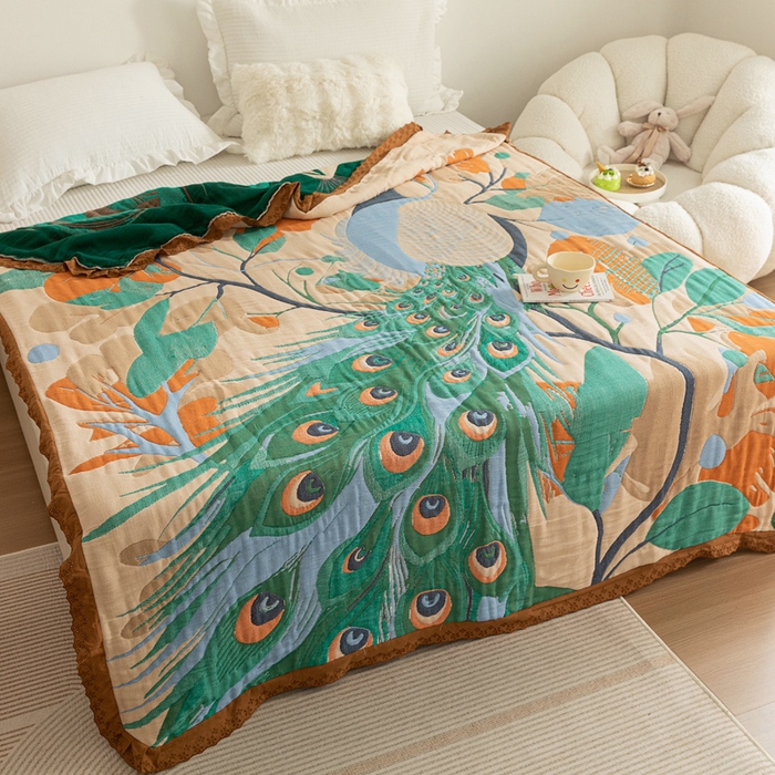 91家纺网 家纺一手货源 找家纺 乐家毛巾被 2024新款十层纱布泡芙被 花枝孔雀