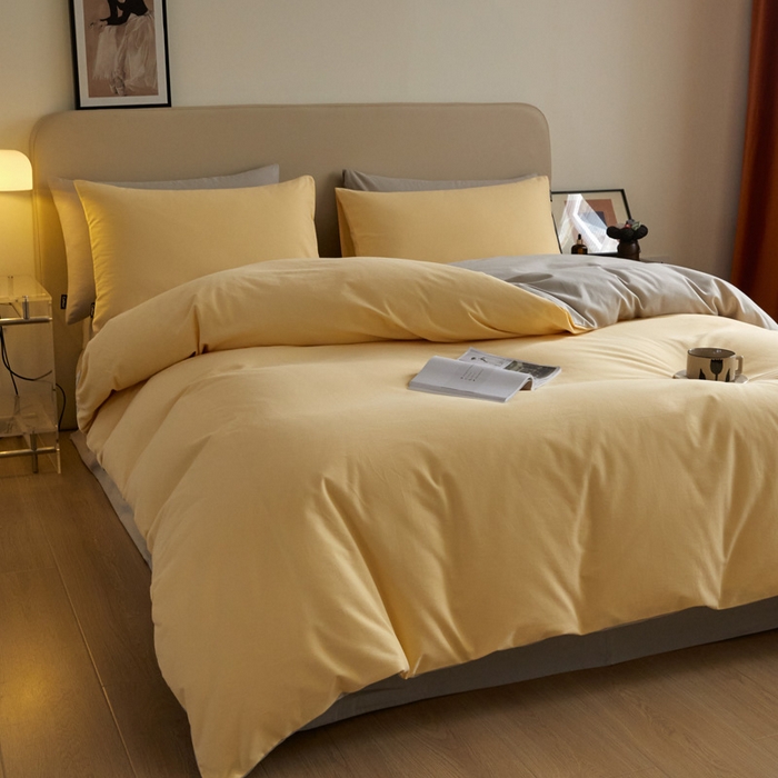 91家纺网 家纺一手货源 找家纺 涵宸家纺 2024新款全棉磨毛四件套纯厚系列（轻）-单被套 纯厚（嫩黄+漫灰）