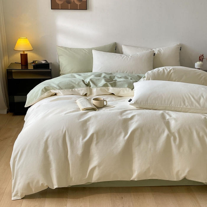 91家纺网 家纺一手货源 找家纺 涵宸家纺 2024新款全棉磨毛四件套纯厚系列（简）-四件套 纯厚（奶白+绿）