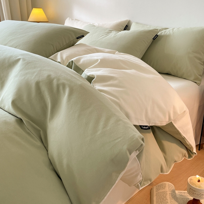 91家纺网 家纺一手货源 找家纺 涵宸家纺 2024新款全棉磨毛四件套纯厚系列（简）-四件套 纯厚（古今绿+奶白）