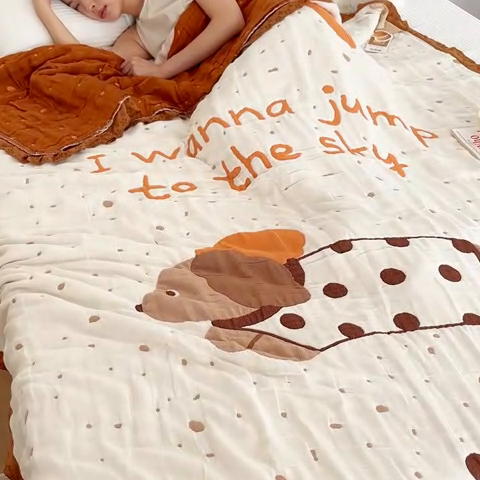 91家纺网 家纺一手货源 找家纺 乐家毛巾被 2024新款十层纱布泡芙被 斑点狗