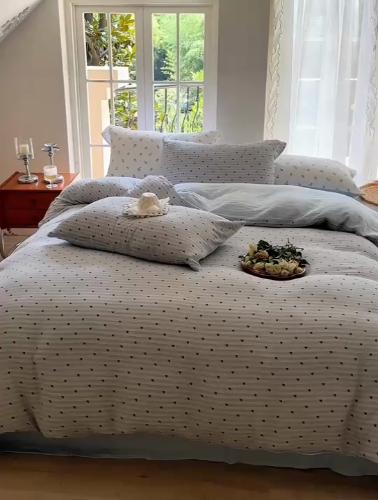 91家纺网 家纺一手货源 找家纺 木楌  2025新款全棉A类皱皱纱印花四件套 可心兰